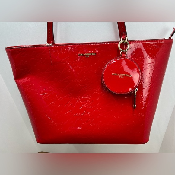 KARL LAGERFELD Red Paris Signature Shoulder Tote Bag Charm Purse Bag. - Picture 14 of 15